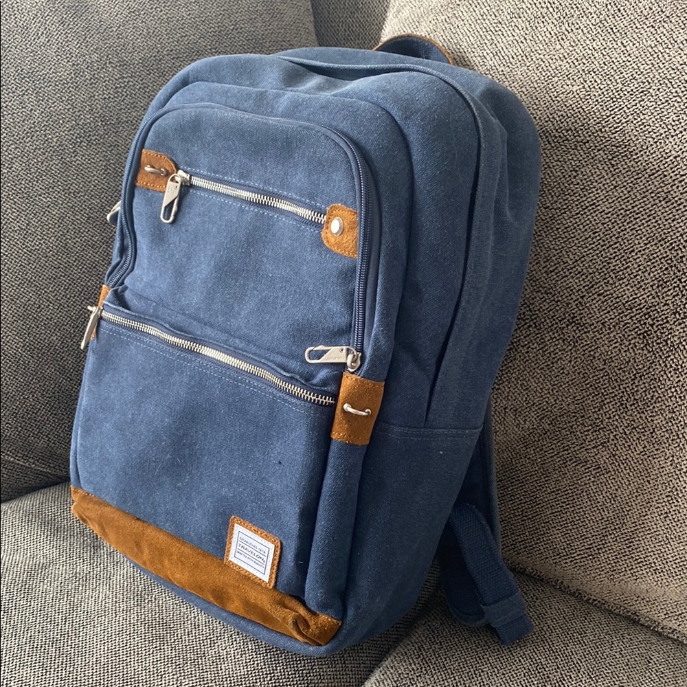 Travelon Navy Blue Canvas Backpack with Brown Suede Accents